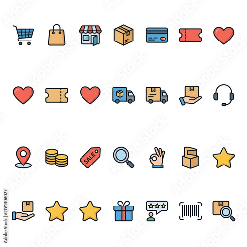 E-Commerce Icon Set - Modern Flat Vector Shopping and Online Retail Line Icons. A clean, professional collection of 20 modern vector icons designed for e-commerce, online retail, digital marketing, 