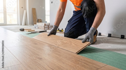 Worker installing laminate flooring in a residential room, fitting wooden planks over an underlay, representing home renovation, construction, and flooring installation
