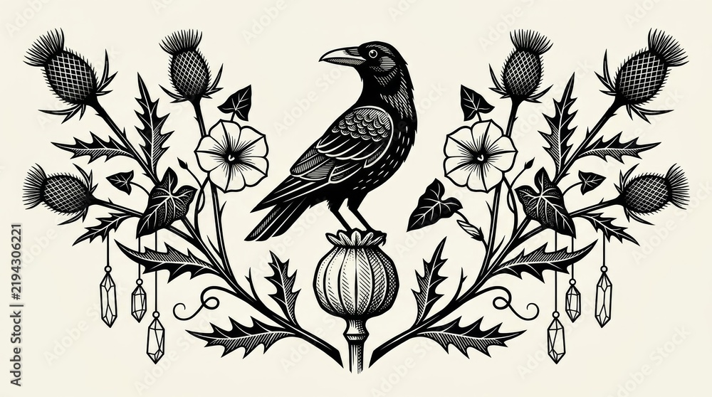 Obraz premium Ink raven perched on poppy pod amid thistles morning glories crystals