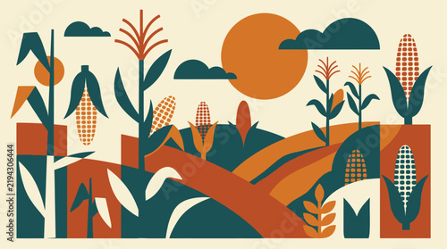 Cornfield farm landscape and sunset flat vector illustration