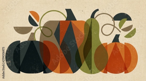 Overlapping geometric pumpkins and gourds with curling vines on linen