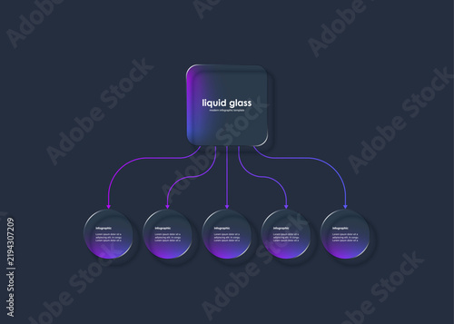 Liquid glass effect vector illustration. Block diagram with five transparent data blocks for data visualization.