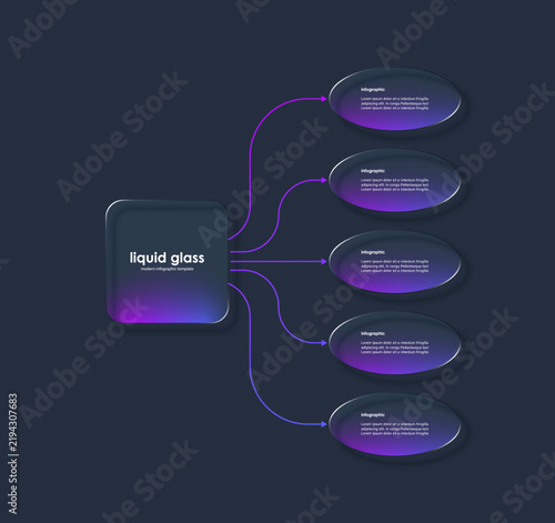Liquid glass effect infographics design template. Five oval, transparent data blocks arranged vertically with arrows