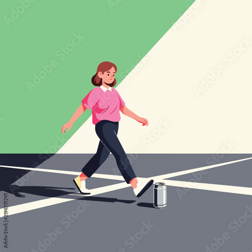 фотографія Woman walking by a discarded soda can on a sidewalk