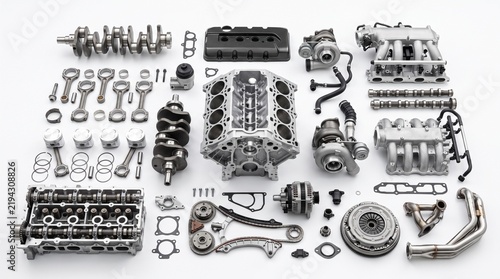 Engine components and automotive parts organized for repair and mechanical inspection in a clean workshop setting