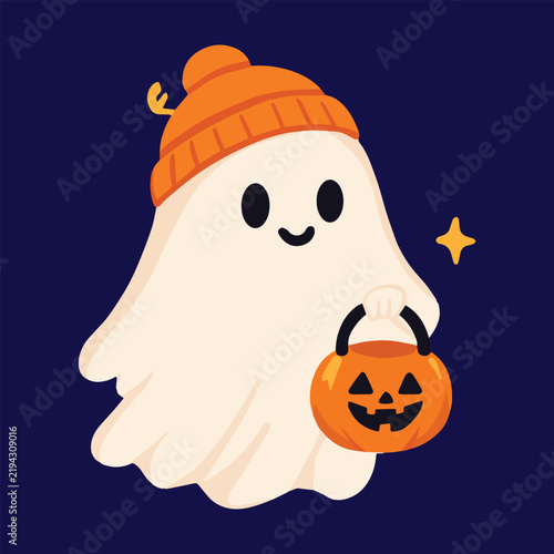 Cute Halloween Ghost Vector Illustration, Friendly Phantom Holding Pumpkin Candy Bucket