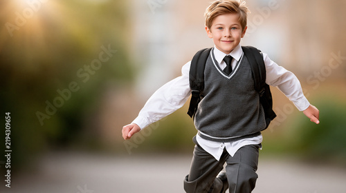 Young Caucasian boy in formal school attire with a backpack running joyfully along a pathway, sunlight illuminating the scene and blurred background creating depth