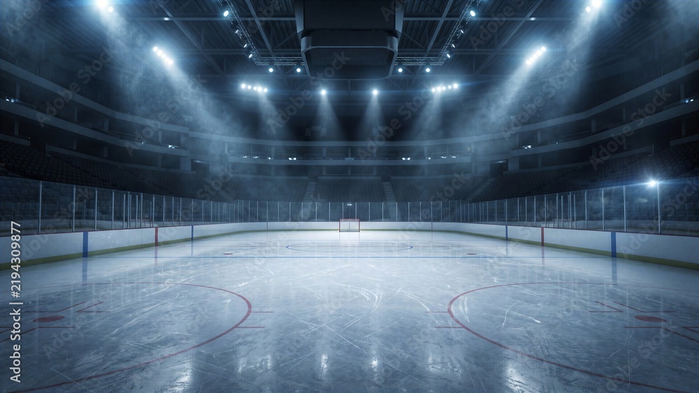 Obraz premium Empty ice hockey rink arena with dramatic spotlights