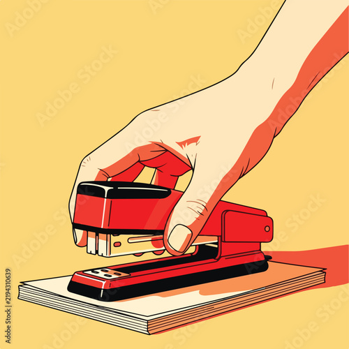 Hand holding a stapler over a stack of papers