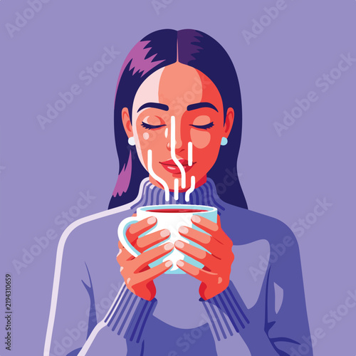 Woman enjoying a warm beverage, steam rising