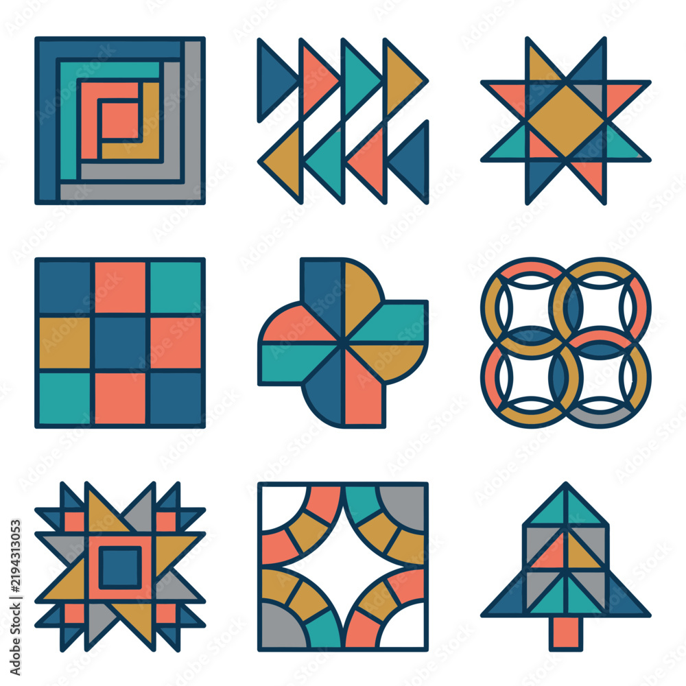 Obraz premium Set of nine colorful geometric quilt pattern designs.