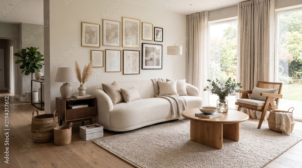 Fototapeta premium Elegant Neutral Living Room Interior with Sofa and Wall Art Gallery