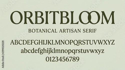 Elegant Botanical Artisan Serif Font Display with Alphabet and Numbers