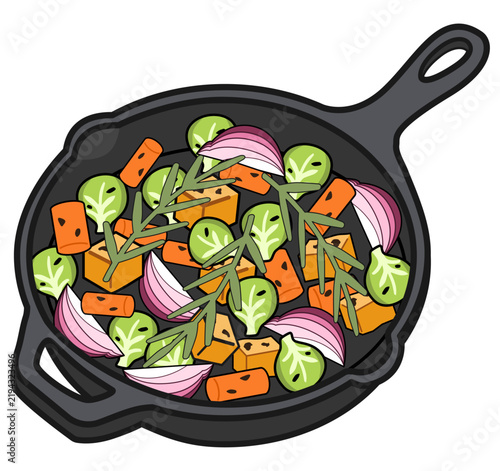 Cast iron skillet with vegetables. Heavy duty cookware for rustic home cooking and culinary flat vector illustration