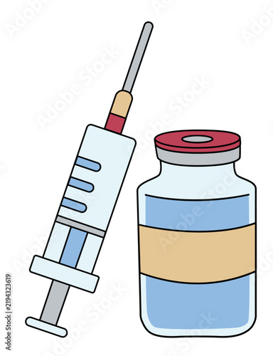 Glass medical vaccine vial bottle and injection syringe with needle, immunization, medication, and vaccination concept illustration