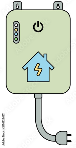 Wall mounted home battery energy storage system unit with power indicator, renewable residential solar battery storage flat illustration