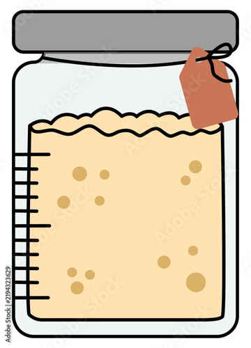 Glass jar with active bubbly sourdough starter for artisan bread baking, fermentation yeast culture flat illustration