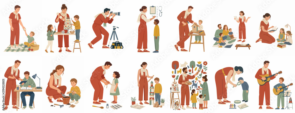 Fototapeta premium Set of illustrations showing parents and children engaged in various creative, educational, and fun activities at home, promoting family bonding and early childhood development.