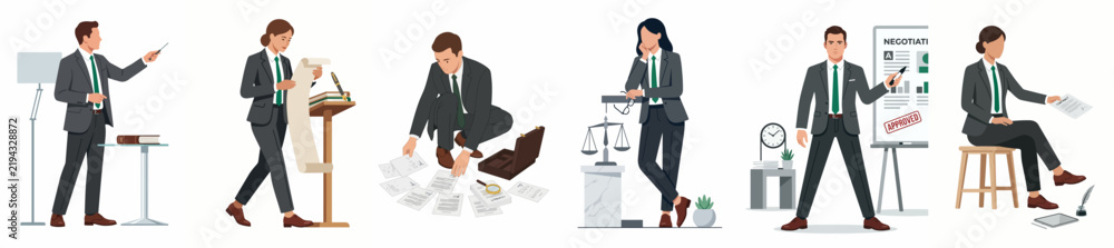Obraz premium Collection of illustrations showing diverse legal and business professionals in various workplace activities including presenting, researching, and communicating on a white background.