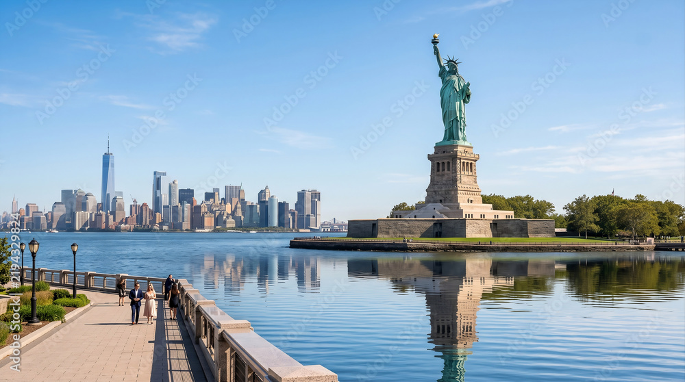 Obraz premium Statue of Liberty and New York City Skyline View Over Hudson River