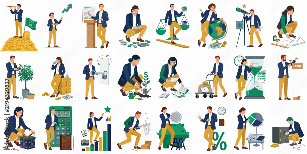 Fototapeta premium Collection of business people flat vector illustrations depicting various financial, investment, and strategic management activities in a professional context.