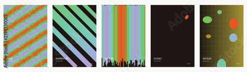 Abstract vector poster set, 5 modern graphic designs with geometric shapes, stripes, gradients, and vibrant colors, ideal for contemporary backgrounds or covers
