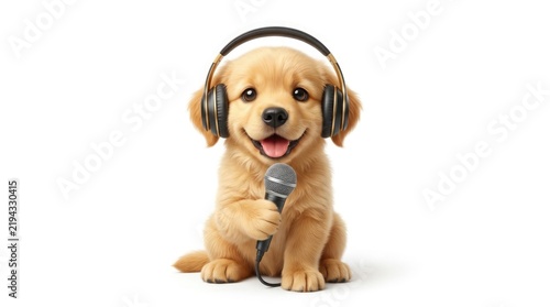 A cute golden retriever puppy with headphones is holding a microphone preparing to sing a beautiful song