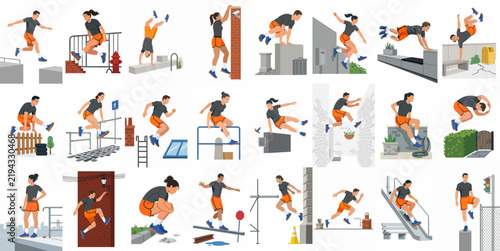 A collection of parkour and free running athletes performing various urban acrobatic stunts and jumps in flat vector style.