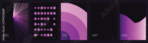 Abstract purple gradient vector backgrounds set, modern geometric shapes, radial lines, circles, and waves on dark, graphic design elements for posters, covers, and branding