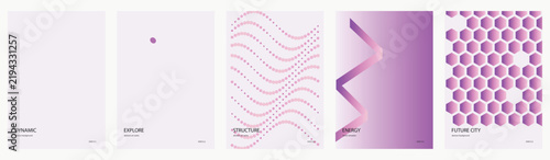 Minimalist abstract vector poster set, five modern graphic designs with purple and pink gradients, wavy lines, geometric patterns, and clean backgrounds for branding and web design