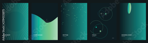 Abstract teal gradient background set, modern minimalist vector art with geometric patterns, stars, and circles, ideal for digital design and web banners
