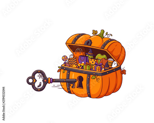 Open Halloween Pumpkin Treasure Chest With Skeleton Key Candy Gift Boxes Shopping Bags Witch Accessories Ghost And Festive Trick Or Treat Surprises Isolated Illustration