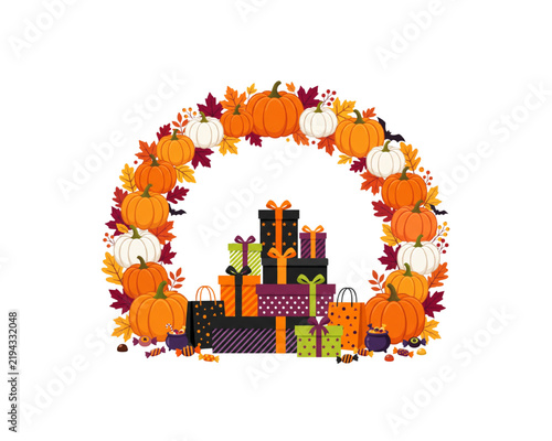 Autumn Pumpkin Wreath Frame With Gift Boxes, Candy, Cauldrons And Shopping Bags, Halloween Bats Harvest Border Arch Illustration With Copyspace Isolated On Transparent Background