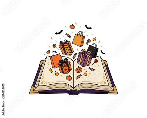  Magical Halloween Open Book With Floating Gift Boxes Shopping Bags Candy Pumpkins Bats And Moon Festive Trick Or Treat Fantasy Illustration On Transparent Background