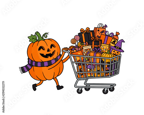 Cute Halloween Pumpkin Character Pushing Shopping Cart Filled With Candy Gift Boxes Treat Bags Witch Hat And Festive Spooky Party Supplies Isolated Holiday Illustration