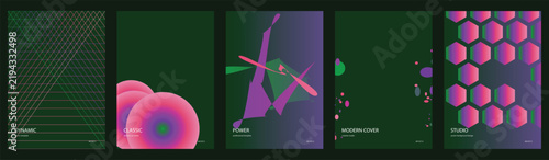 Abstract geometric vector poster set, 5 unique designs with modern shapes, vibrant lime green on dark background, ideal for branding, web, or print