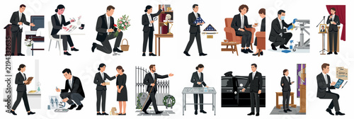Fotografie Comprehensive illustration set depicting various professional duties and tasks of funeral directors and morticians in different funeral home scenarios