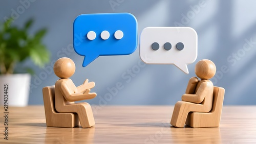 Two wooden figures sitting on chairs with floating chat bubbles representing a business meeting, job interview, or private conversation.