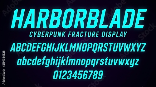 Cyberpunk Neon Blue Display Font Alphabet and Numbers