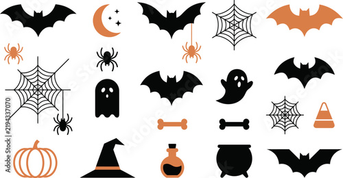 Collection of spooky halloween icons including bats ghosts pumpkins and witch elements