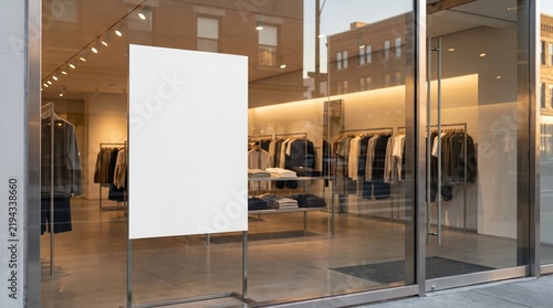 Blank vertical poster mockup in front of a modern clothing store window, fashion boutique retail shop storefront presentation display