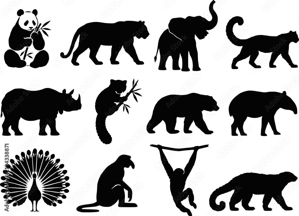 Obraz premium Asian Zoo Wildlife Silhouette Set Vector - Panda Tiger Elephant Snow Leopard Rhino Red Panda Peacock Gibbon Bear Tapir Icons