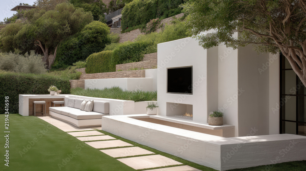 Obraz premium Modern white retaining wall, backyard, outdoor seating, fireplace, television, lush greenery, relaxing atmosphere