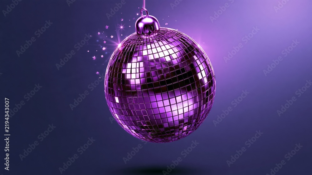 Fototapeta premium Whimsical New Year photo. Disco ball dizzy from spinning too fast, tiny stars around head, dark purple gradient.