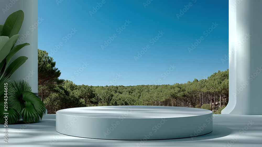 Obraz premium Modern round podium with tropical plant, blue sky, and green forest background, minimal outdoor scene, peaceful atmosphere