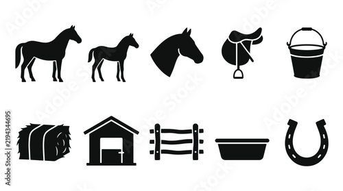 Set of simple black equestrian and farm icons representing horse care.