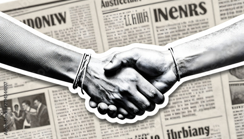 Newspaper Deal: A close-up shot captures two hands shaking in agreement against a backdrop of vintage newspapers, symbolizing a concluded business deal or an important announcement.