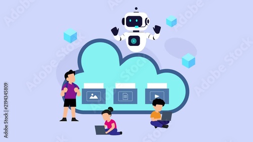 AI robot managing cloud storage and data sharing for students cartoon animation