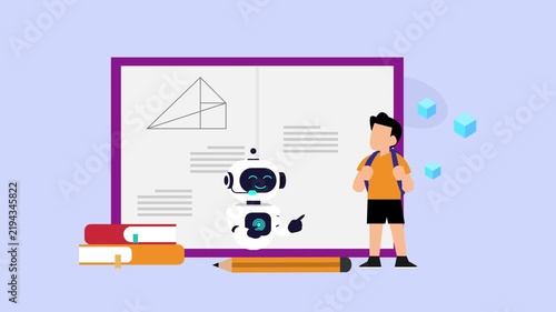 AI robot tutor teaching student geometry on notebook page cartoon animation