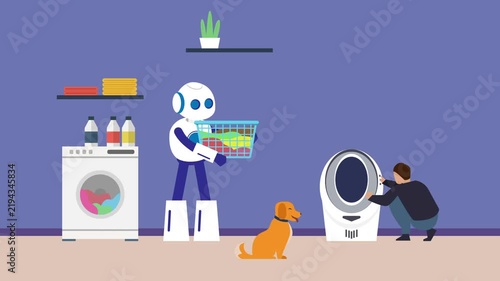 AI robot helper holding laundry basket near washing machine and smart pet device cartoon animation